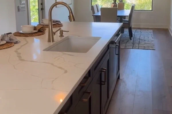 Quartz island with brass faucet overlooking a sunny dining nook and wooded Spring Branch TX views